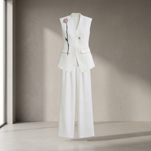 Women's <b>White</b> Sleeveless Short Top Blazer <b>Set</b> Wide Leg Pants Formal Two <b>Piece</b> Suit V-neck Floral Pattern Autumn Skinny Button - Product Image 3