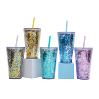 Gobelet à smoothie écologique à double paroi de 16 oz avec paillettes flottantes, design globe de neige, couvercle et paille intégrée pour adultes