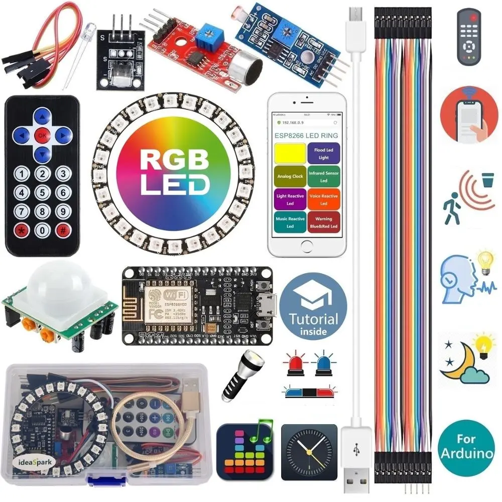 Starter Kit ESP8266 LED Ring Strip RGB 24 Bits Sound/Music Reactive,Analog Clock,Warning/Detection/Flash for ESP8266 Arduino Kit