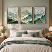 Toile d'art abstraite premium peinte à la main en relief 3D, Montagnes vertes brumeuses, texture épaisse, encadrée, pour hall d'hôtel, couloir, intérieur