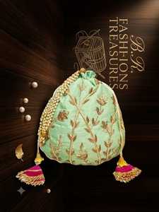 Handmade Indian Mint <b>Green</b> Zardozi Embroidered Silk Saddle Bridal Potli <b>Bag</b> Drawstring Closure for Party Wear Multiple Events - Product Image 6