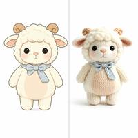 Mignon jouet en peluche agneau tricoté à la main, poupée amigurumi avec nœud bleu au cou, adorable jouet en peluche animal de la ferme