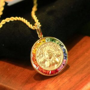 Collar Xinfly de Oro de 18K con Zafiro Natural Redondo y Colgante de Moneda de Oro - Product Image 5