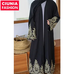 1495 # Pakaian Islam Turki Abaya Kimono dengan Renda Emas Desain Menebal Hitam Abaya Di Dubai