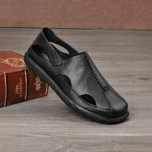Aibois Men's Solid Leather Slides Open Toe Breathable Rubber Sole Genuine Leather Lining Casual <b>Sandals</b> - Product Image 3