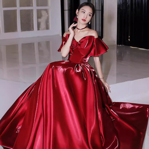 Red Off The Shoulder Evening Gown Long Claret Polyester Simple Design Bridal Dress For Engagement Or Wedding Return Home - Product Image 3