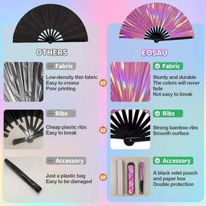 Abanico Plegable Holográfico Iridiscente Rosa con Funda para Muslo, Abanico Grande Negro con Varillas para Fiestas y Festivales de Música Rave - Product Image 3