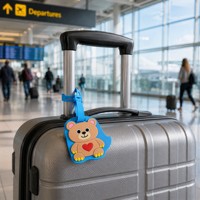 Étiquette de bagage en caoutchouc PVC souple motif ours en peluche mignon, bleue, pour valise de voyage, porte-carte nominative, forme personnalisée, vente en gros