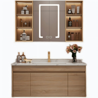 Tocador de baño de diseño moderno montado en la pared con espejo LED tocador de espacio de almacenamiento grande personalizado