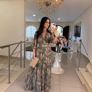 Nouvelle Robe Longue Imprimée Col V Tendance et Élégante pour <span class=keywords><strong>Femme</strong></span>, Collection <span class=keywords><strong>Été</strong></span> 2026 <span class=keywords><strong>Amazon</strong></span>, pour l'Europe et l'Amérique - Product Image 3