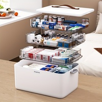 Boîte de rangement médicale rectangulaire en plastique PP grande capacité avec poignée amovible et couvercle, 4 compartiments pour la maison et le bureau