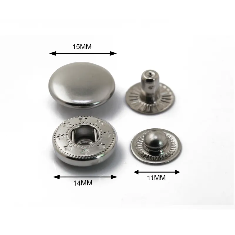 Nikel kurşunsuz ücretsiz parlak gümüş konfeksiyon çıtçıt 15mm yaylı 4 parça metal baskı giyim için düğmeler