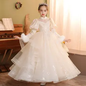 वाईएस फूल लड़की लक्जरी फर लंबी आस्तीन सफेद सेक्विन टूटू शादी की पोशाक लड़की पार्टी जन्मदिन का स्टेज पियानो दुल्हन राजकुमारी पोशाक