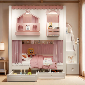 Lit superposé multifonctionnel pour enfants en bois, design château, mobilier <span class=keywords><strong>de</strong></span> chambre d'enfant avec escalier et toboggan - Product Image 5