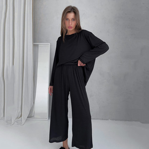 Ladymate ODM/OEM Ropa Dormi Pijamas y pantalones de manga larga para mujer Acanalado Seda de hielo Ropa de punto de dos piezas Ropa de dormir Loungewear - Product Image 5