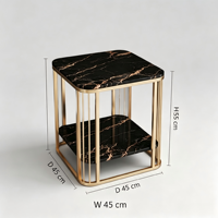 Table d'appoint à deux niveaux en marbre Nero Marquina de luxe avec cadre en métal noir minimaliste, meubles de salon écologiques et durables