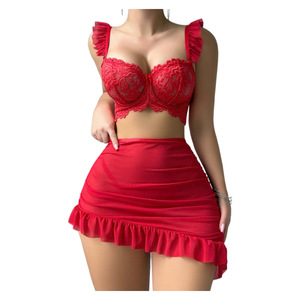 Gonna corta senza spalline in pizzo seducente Set di pizzo senza spalline con spalline intrecciate con biancheria intima - Product Image 5