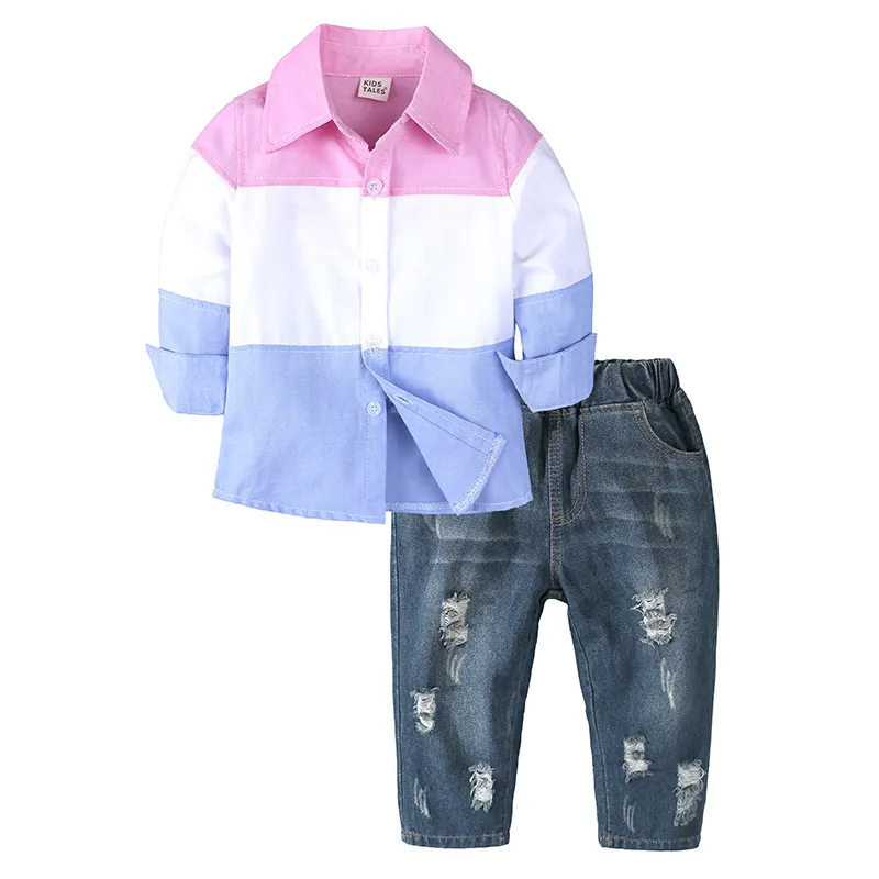 Formale personalizzato all'ingrosso boutique primavera camicia a maniche lunghe denim pantalone due pezzi abbigliamento per bambini bambini 2 anni ragazzo vestiti