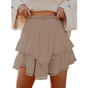 <span class=keywords><strong>Jupe</strong></span> courte femme style européen et américain, à volants, taille haute, couleur unie, été, avec dentelle perlée - Product Image 4