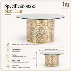 Table de banquet de mariage ronde personnalisée en acier inoxydable doré avec base en filigrane floral et plateau en verre trempé miroir - Product Image 4