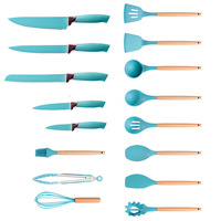 Ensemble d'ustensiles de cuisine en silicone 19 pièces avec manche en bois, outils de cuisson, couteau, planche à découper, seau de rangement, ensemble d'accessoires de cuisine