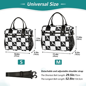 Bolsa de almuerzo portátil con diseño a cuadros en blanco y negro, con logotipo personalizado de las aves Iwa de Hawái, de nailon duradero, aislada y con correa para el hombro. - Product Image 2