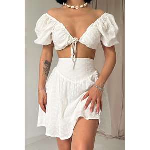 Wholesale Off-White Embroidered Crop Top and Mini <b>Skirt</b> Set XXS Size <b>Sexy</b> Club Style 2-Piece Outfit - Product Image 2