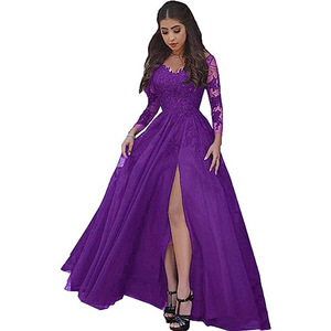 Evening Dress Long A-Line Chiffon Lace Sweetheart Neckline Slit Empire Waist Solid Color Formal Party Dress Adult Women - Product Image 5