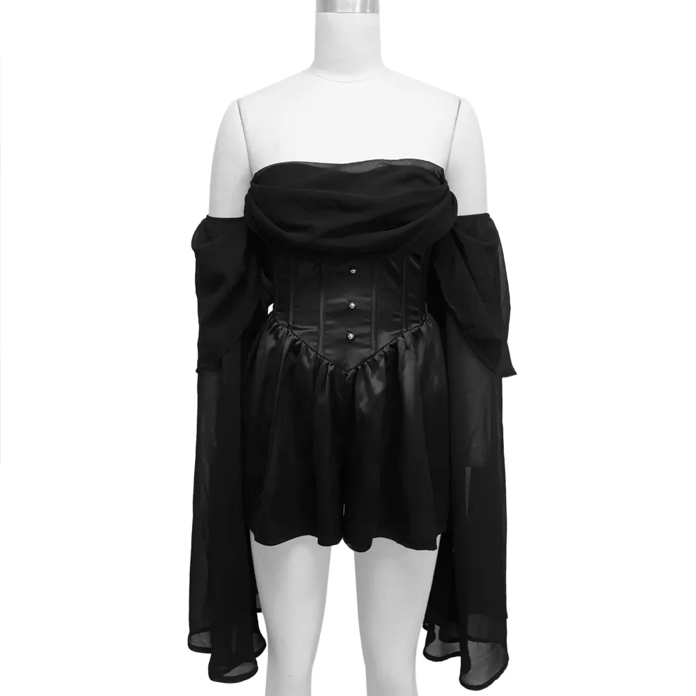 Sexy Black Strapless A-lin Shoulder Zip Back Long Sleeve Women Club Dresses