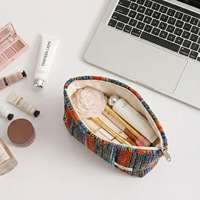 Dompet Clutch Kanvas Bergaris Warna-Warni dengan Ritsleting; Tas Makeup Rajut Vintage Bohemian, Kantong Organizer Perawatan Kulit