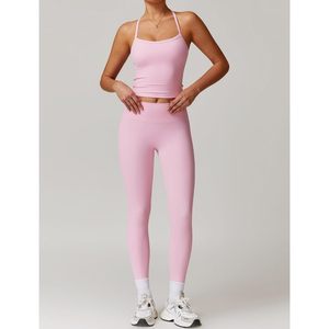 Womens Workout Set Two Piece <b>Cross</b> Back Tank <b>Top</b> High Waist Leggings Seamless Yoga Outfit Gym Clothes - Product Image 2
