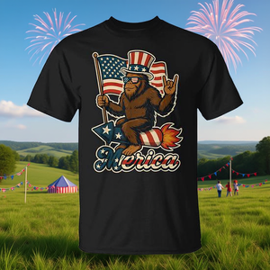 T-shirt unisexe Bigfoot Rock Merica avec drapeau américain patriotique pour le 4 juillet, col rond, manches courtes, promotionnel pour adultes - Product Image 3