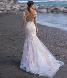 Новинка 2026: Свадебное платье в новом стиле с низкой спинкой, глубоким V-образным вырезом, длинными рукавами, драпировкой, аппликацией, кружевом и шифоном, длиной в пол - Product Image 4