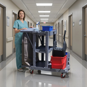 Heavy Duty Janitorial Cart With 4 <b>Wheels</b> <b>Plastic</b> Frame 2 Shelves Built-In Shelf Indoor Use - Product Image 4