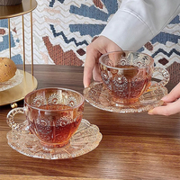 Tasse et soucoupe à café ou thé noir, motif tournesol gravé, style rétro européen, en ambre exquis