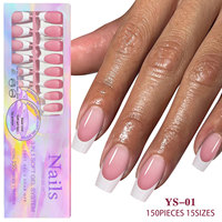 Fournitures pour ongles : Capsules d'ongles en gel souple pré-enduites 3-en-1 style French, 150 pièces, 15 tailles, pose sans lime, tenue 30+ jours, DIY