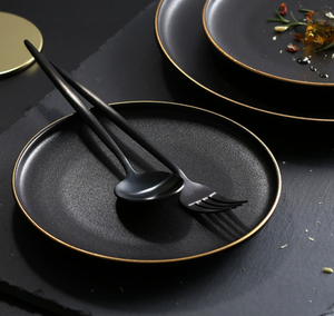 Assiette à steak noire mate avec bord doré, assiette à dîner occidentale en céramique givrée de 8 et 10 pouces, vente en gros - Product Image 4