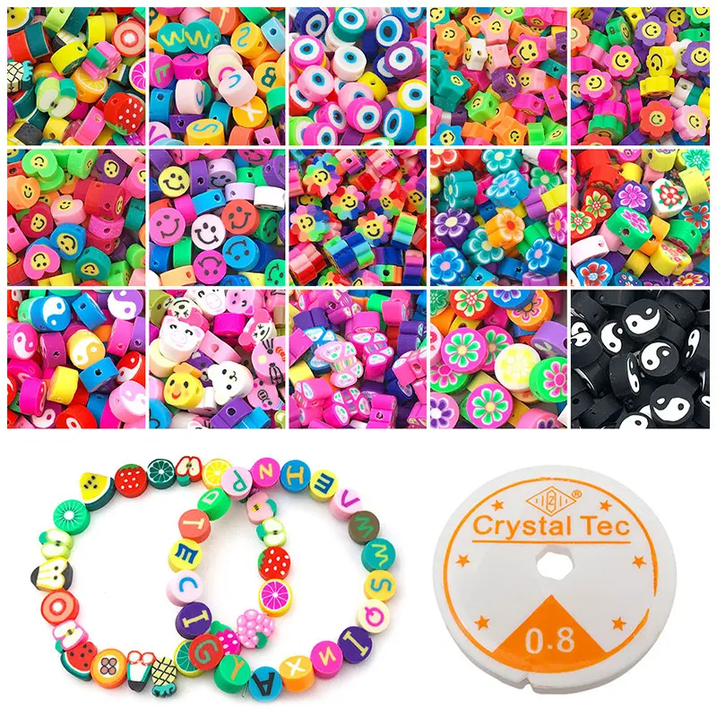 370PCS Fruit Handmade Polymer Clay Beads 15 Styles Flower Letter Beads for Women Girls Jewelry Making DIY Bracelet