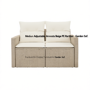 Canapé de jardin en rotin PE beige moyen avec accoudoirs réglables, deux places, mobilier d'extérieur - Product Image 1