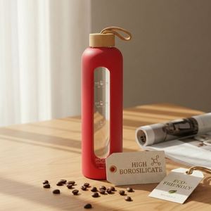 Bouteille d'eau en verre de grande capacité sans BPA avec logo personnalisé, couleurs variées, 1000 ml, avec manchon en silicone et couvercle portable pour le sport en plein air et la salle de sport - Product Image 1