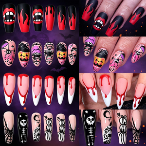 96 pièces <span class=keywords><strong>Faux</strong></span> <span class=keywords><strong>ongles</strong></span> à presser Halloween Gothique Goutte de sang, modèles mixtes : longs, forme Stiletto, Cercueil, Crâne, Toile d'araignée, Flamme, pour manucure - Product Image 3