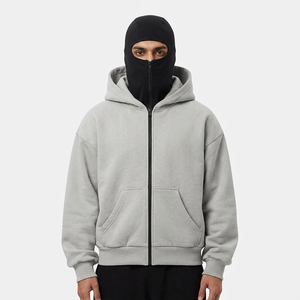 Sweat à capuche cagoule noir avec logo personnalisé, double capuche, style Ninja, fermeture éclair intégrale, grande taille, épais, double couche, technique de broderie - Product Image 1
