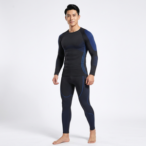 Conjunto de Ropa Interior Térmica de Compresión para Hombre, Color Negro y Azul, Cuello Redondo, Manga Larga, Absorbe la Humedad, Elástico, Ajuste Sin Costuras, con Cierre - Product Image 1