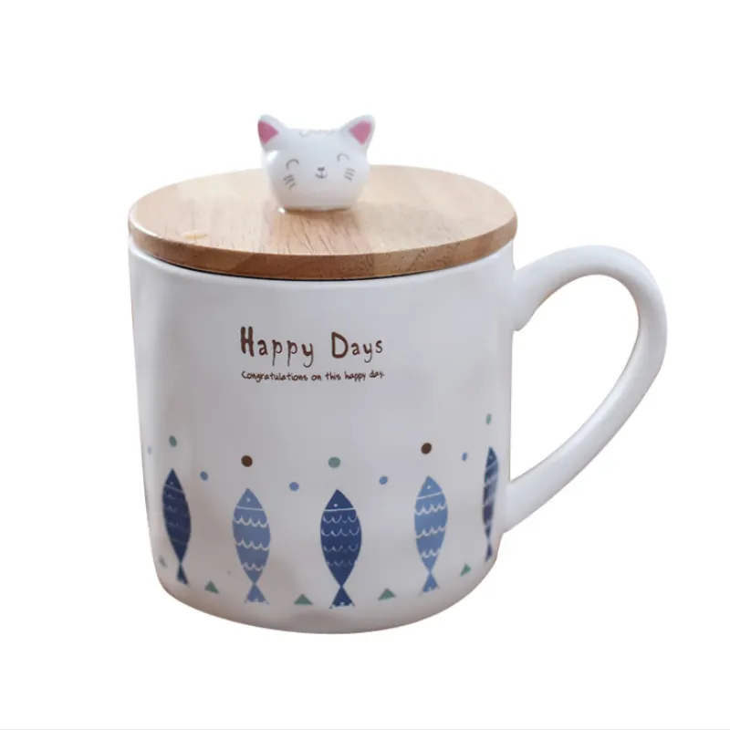 OLERD Novelty Cartoon Cute Ceramic Coffee Mugs Fish Pattern Drink Mug Cups 3D Cat Bamboo Lid