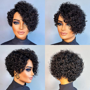Perruques de cheveux brésiliens bouclés crépus Pixie Cut perruques bouclées à couches courtes pour femmes noires avec une <span class=keywords><strong>frange</strong></span> complète sans colle faite à la machine - Product Image 5