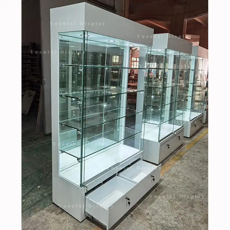 High Quality Jewelry Glass Display Cabinet Wood Display Furniture With LED Lights For Boutique Shop