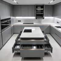 Meubles de cuisine compacts en bois grainé avec tiroirs à fermeture amortie et éclairage d'ambiance sous l'îlot