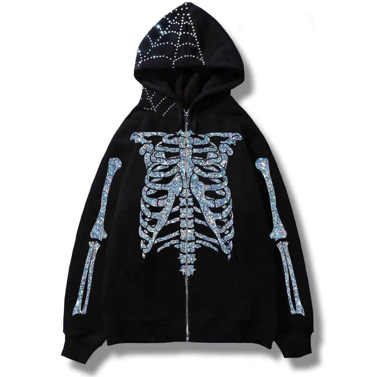 Erkekler kadınlar Y2K iskelet Hoodie örümcek Web 3D Rhinestone gotik Grunge Emo Alt Harajuku koyu akademi Punk estetik