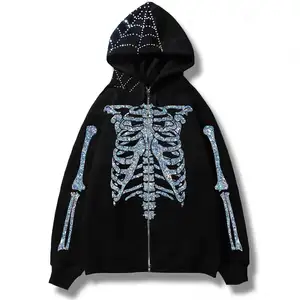 Männer Frauen Y2K Skeleton Hoodie Spinnennetz 3D Strass Gothic Grunge Emo Alt Harajuku Dark Academia Punk Aesthetic