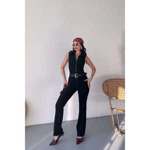 Combinaison en jean sans manches zippée pour femme, coupe évasée, avec bonnets intégrés - Product Image 4